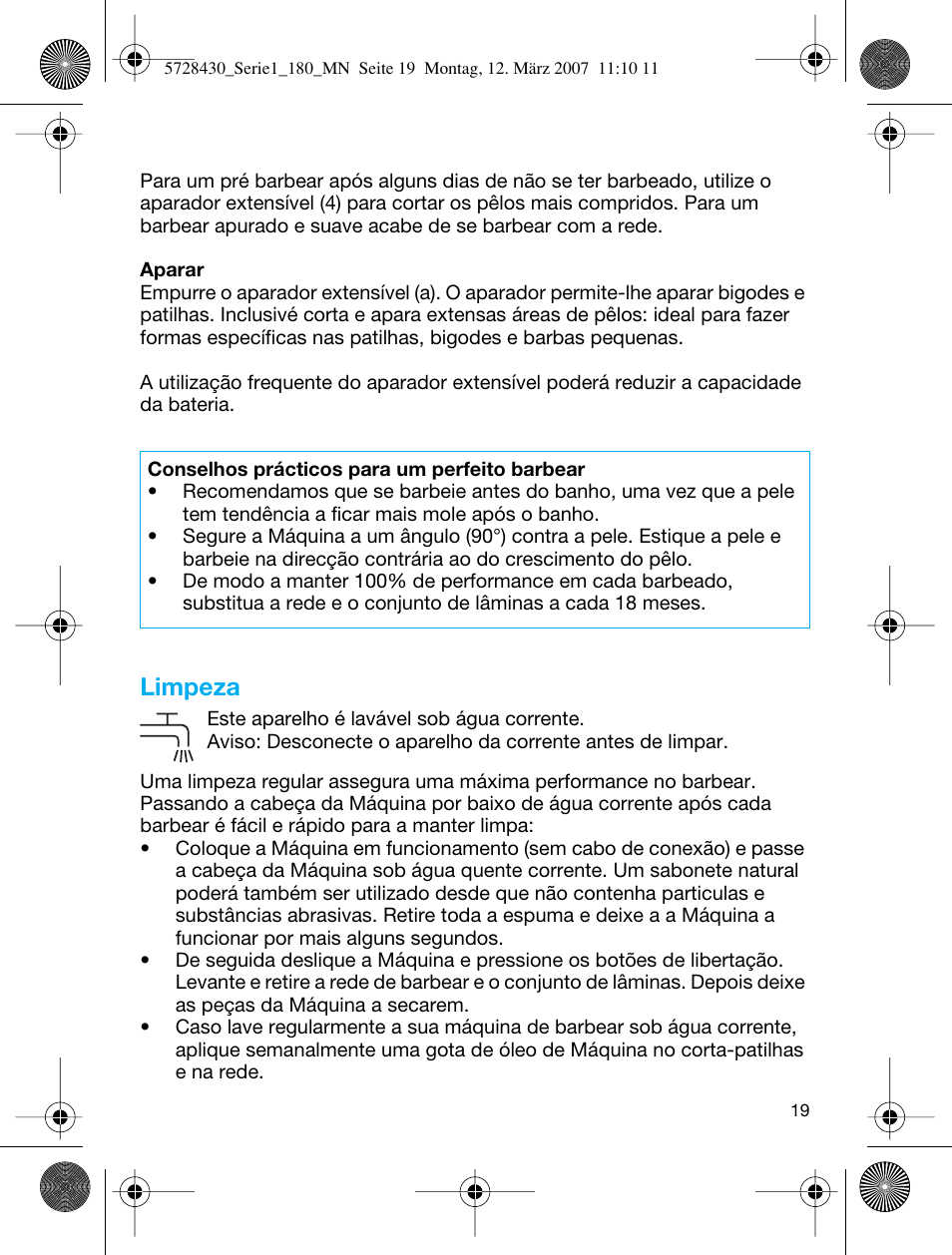 Limpeza | Braun 180 Series 1 User Manual | Page 18 / 51