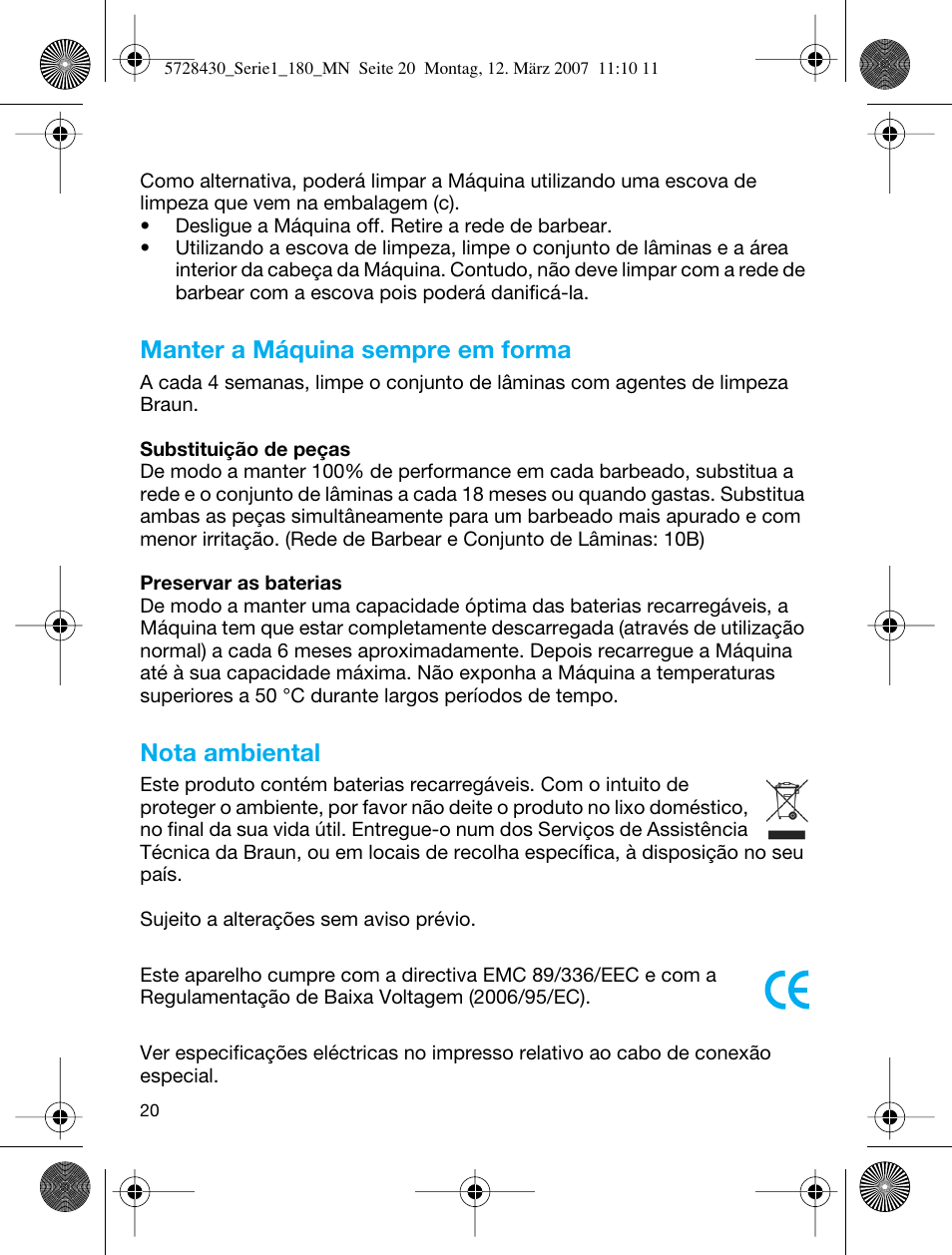 Manter a máquina sempre em forma, Nota ambiental | Braun 180 Series 1 User Manual | Page 19 / 51