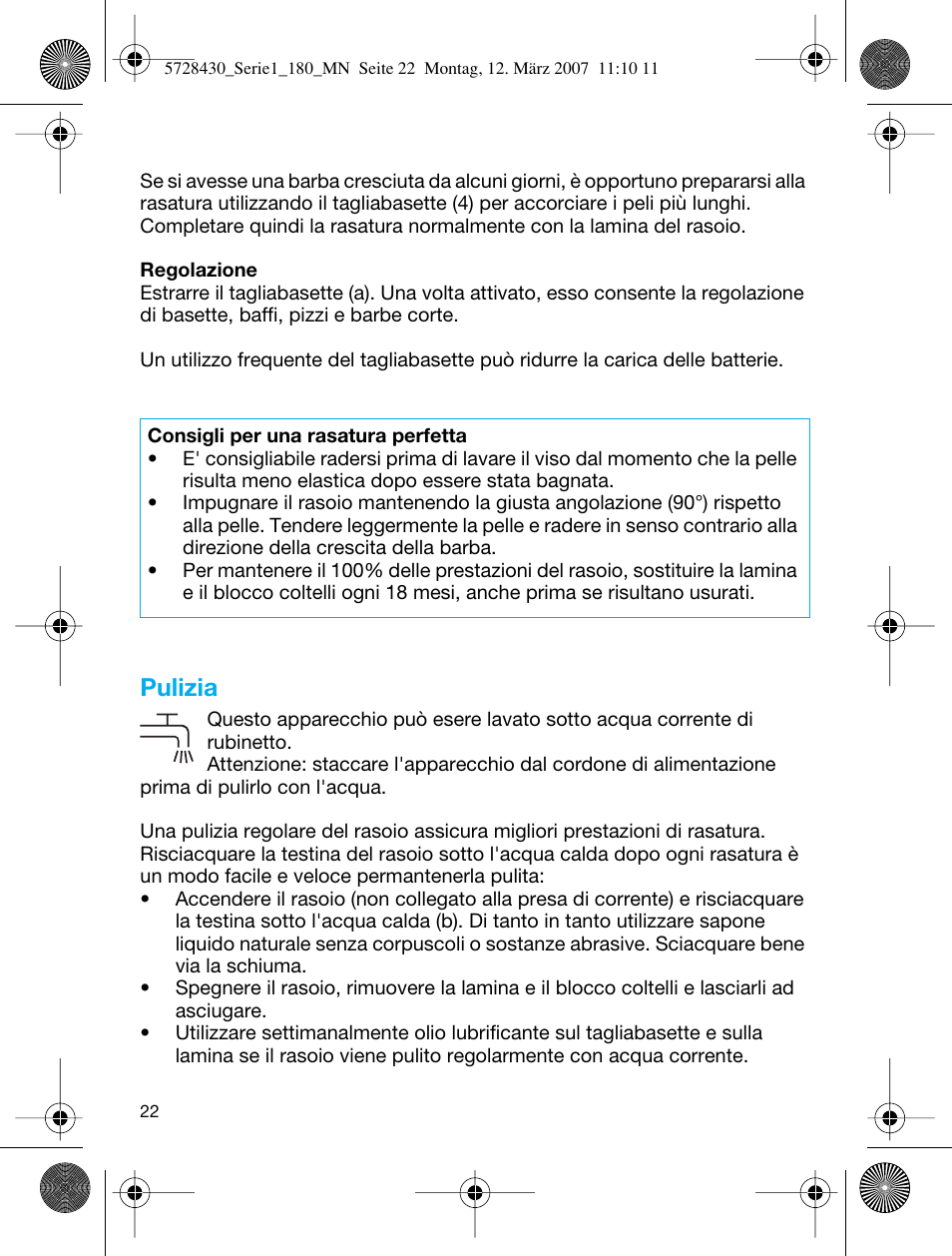 Pulizia | Braun 180 Series 1 User Manual | Page 21 / 51