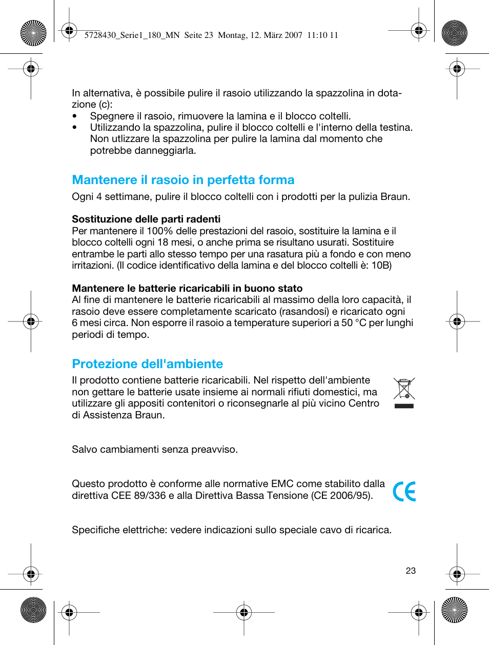 Mantenere il rasoio in perfetta forma, Protezione dell'ambiente | Braun 180 Series 1 User Manual | Page 22 / 51