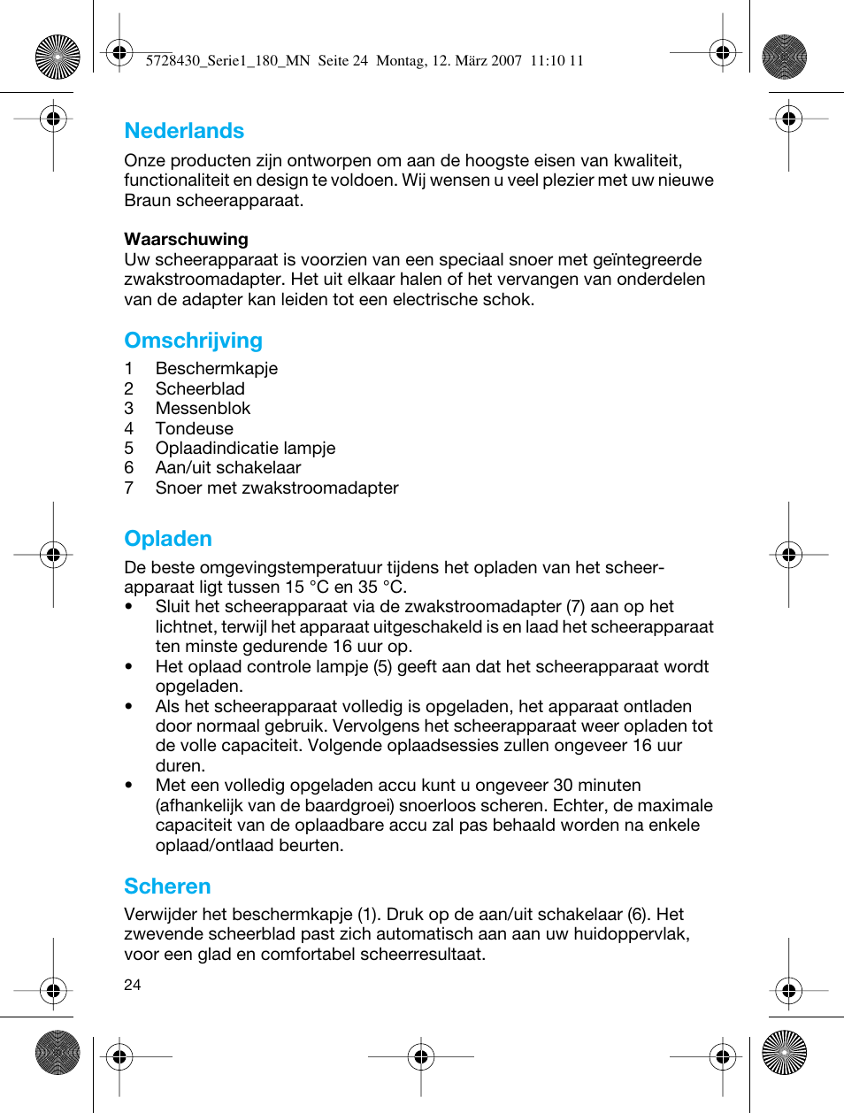 Nederlands, Omschrijving, Opladen | Scheren | Braun 180 Series 1 User Manual | Page 23 / 51