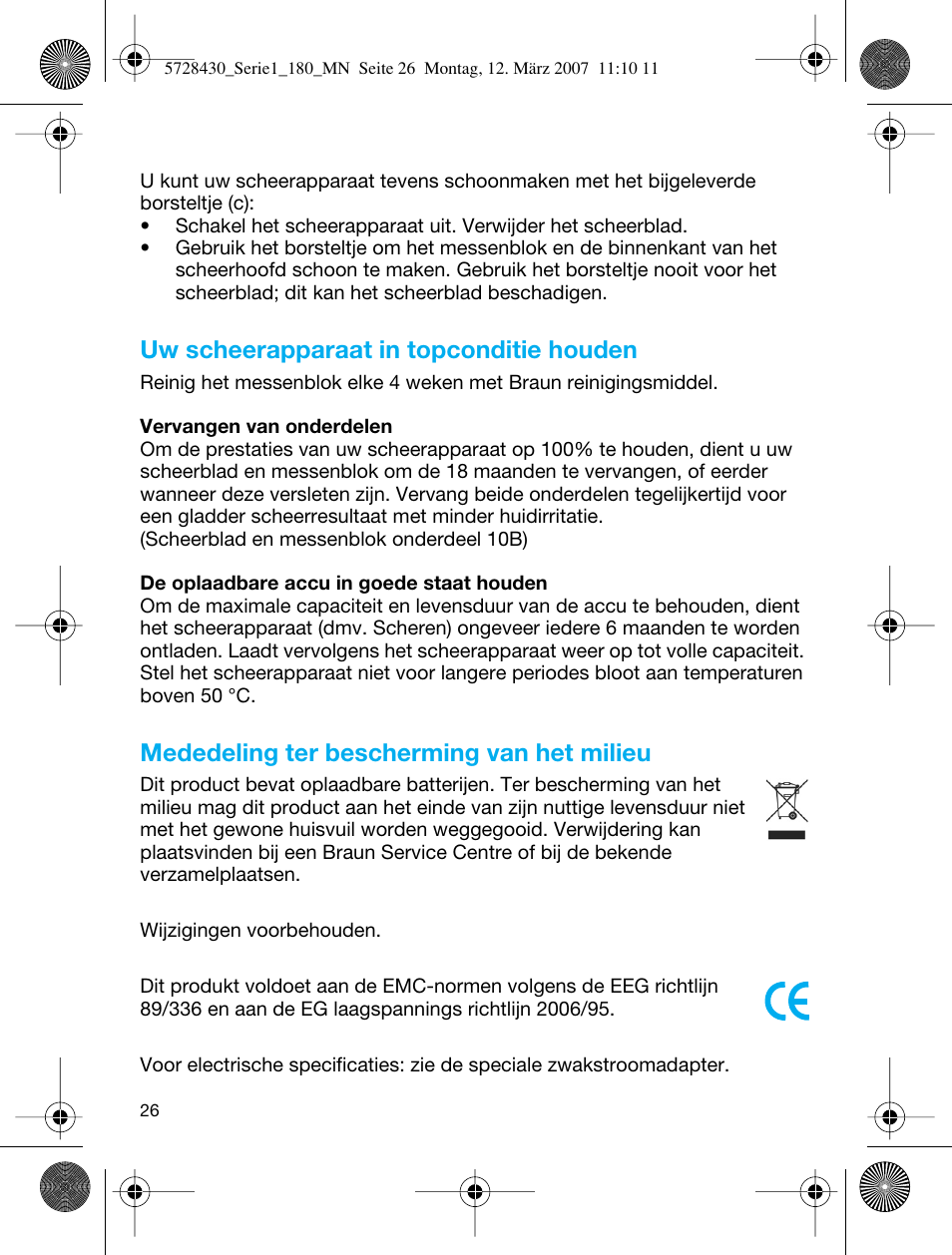 Uw scheerapparaat in topconditie houden, Mededeling ter bescherming van het milieu | Braun 180 Series 1 User Manual | Page 25 / 51