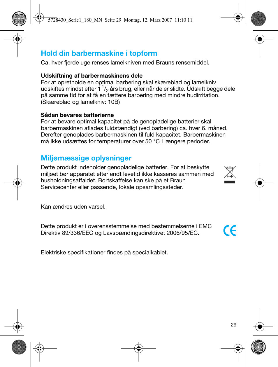 Hold din barbermaskine i topform, Miljømæssige oplysninger | Braun 180 Series 1 User Manual | Page 28 / 51