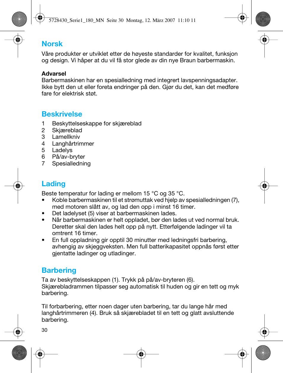 Norsk, Beskrivelse, Lading | Barbering | Braun 180 Series 1 User Manual | Page 29 / 51