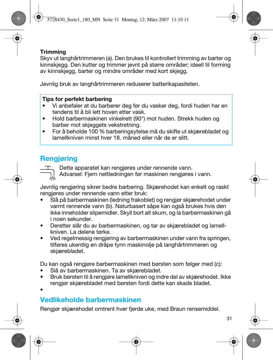 Rengjøring, Vedlikeholde barbermaskinen | Braun 180 Series 1 User Manual | Page 30 / 51
