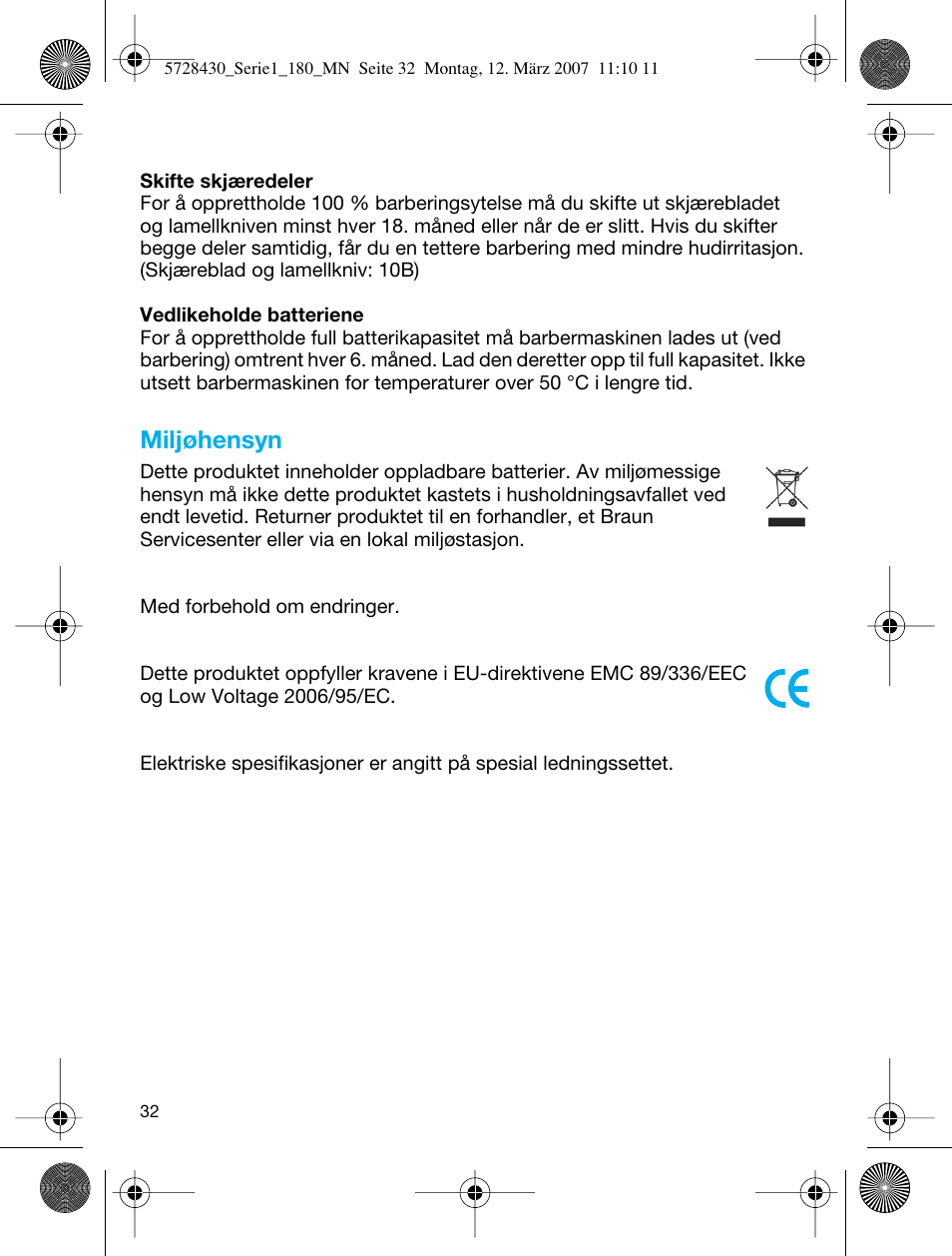 Miljøhensyn | Braun 180 Series 1 User Manual | Page 31 / 51