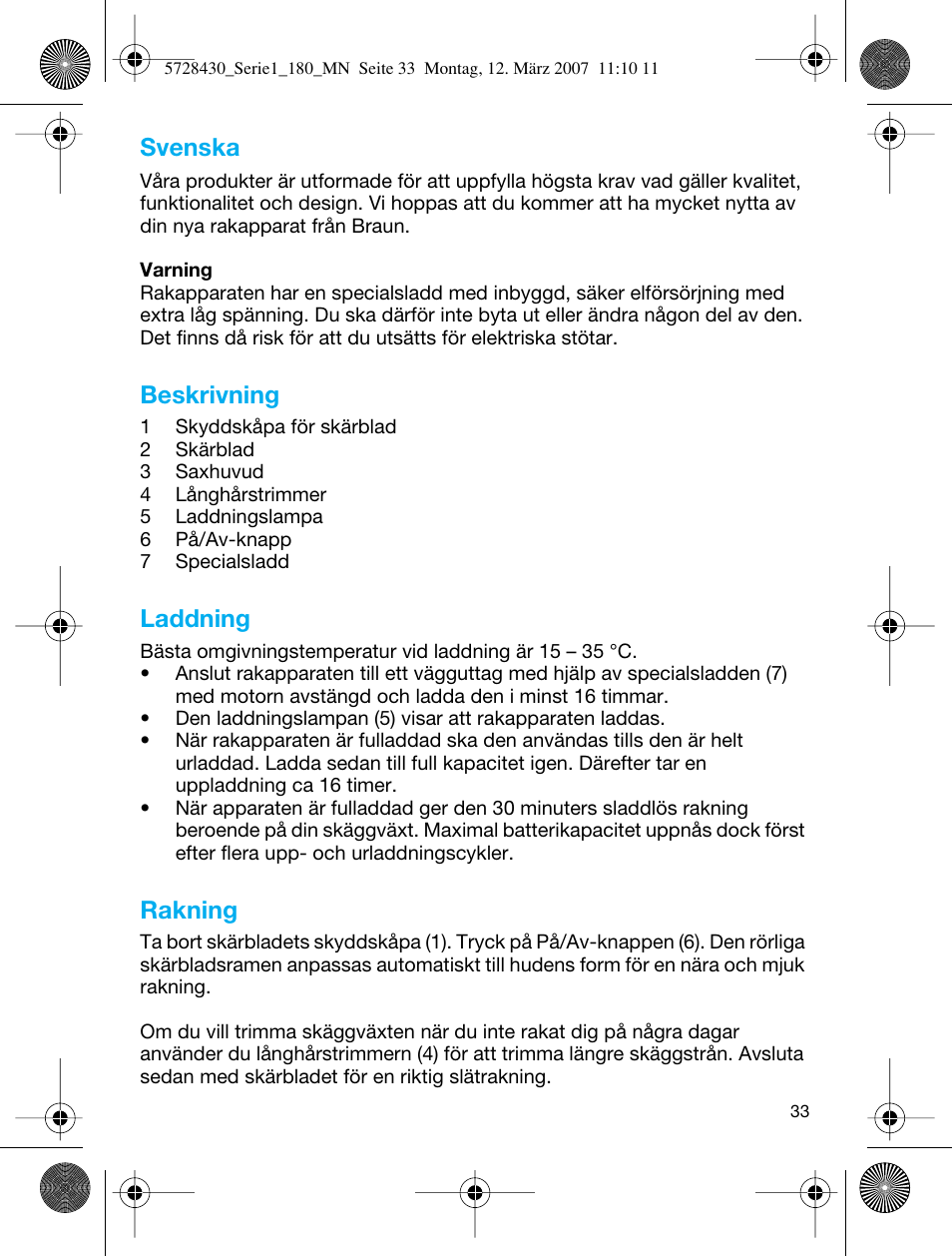 Svenska, Beskrivning, Laddning | Rakning | Braun 180 Series 1 User Manual | Page 32 / 51