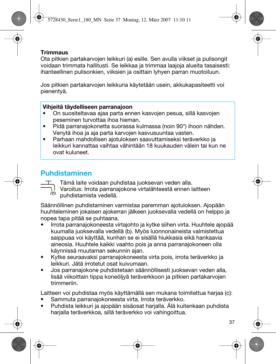 Puhdistaminen | Braun 180 Series 1 User Manual | Page 36 / 51