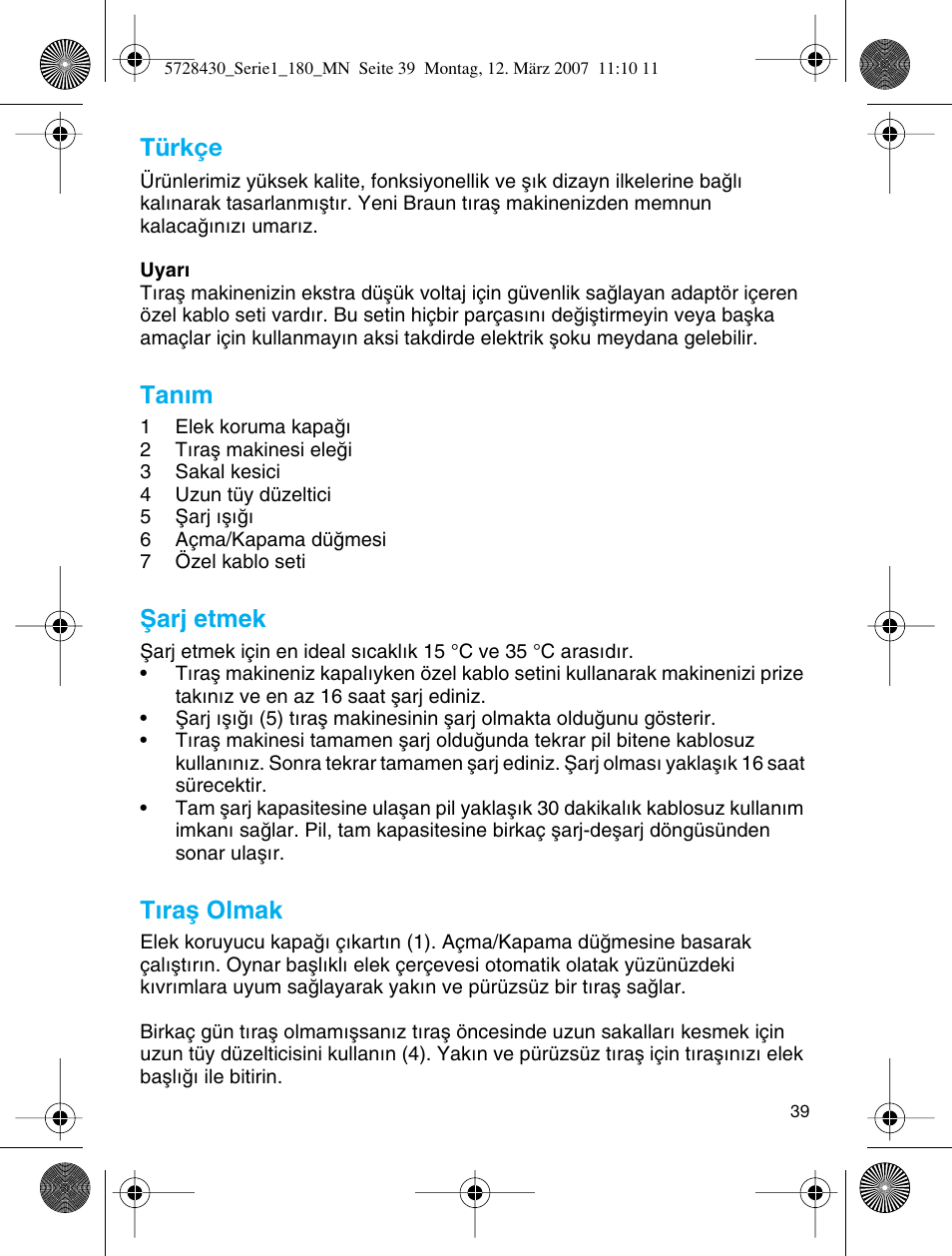 Türkçe, Tanım, Ωarj etmek | Tıraµ olmak | Braun 180 Series 1 User Manual | Page 38 / 51