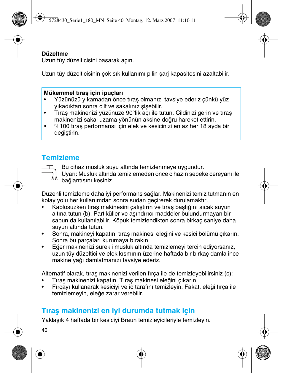 Temizleme, Tıraµ makinenizi en iyi durumda tutmak için | Braun 180 Series 1 User Manual | Page 39 / 51