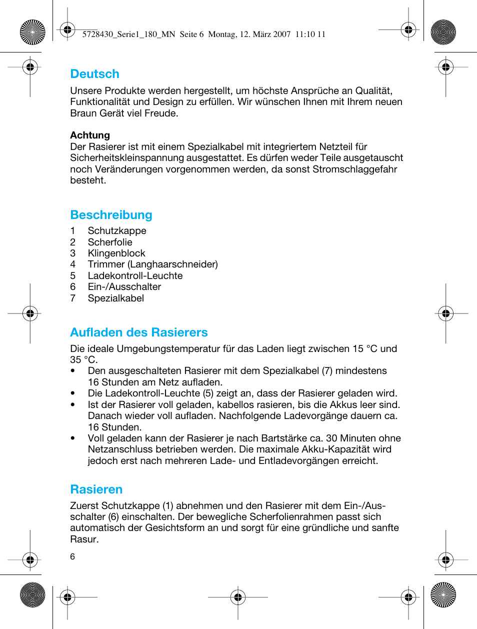 Beschreibung, Aufladen des rasierers, Rasieren | Deutsch | Braun 180 Series 1 User Manual | Page 5 / 51