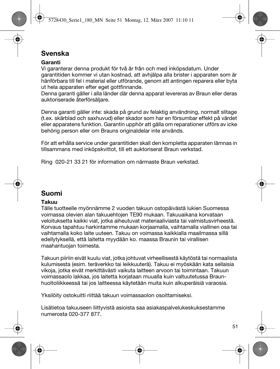 Svenska, Suomi | Braun 180 Series 1 User Manual | Page 50 / 51