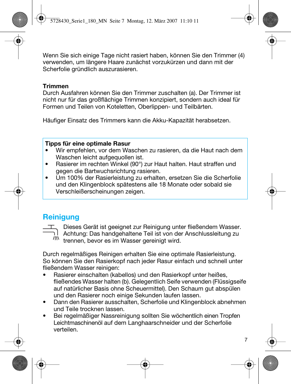 Reinigung | Braun 180 Series 1 User Manual | Page 6 / 51