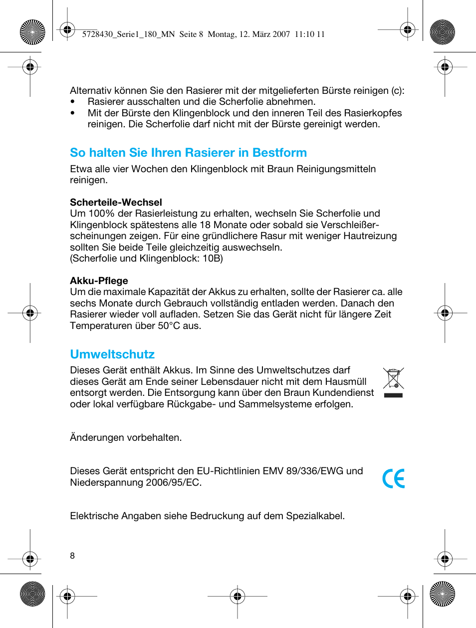 So halten sie ihren rasierer in bestform, Umweltschutz | Braun 180 Series 1 User Manual | Page 7 / 51