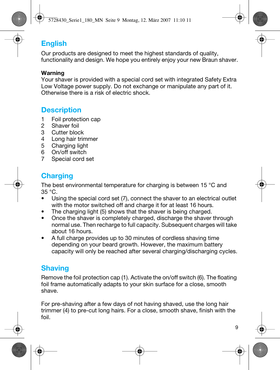 English, Description, Charging | Shaving | Braun 180 Series 1 User Manual | Page 8 / 51