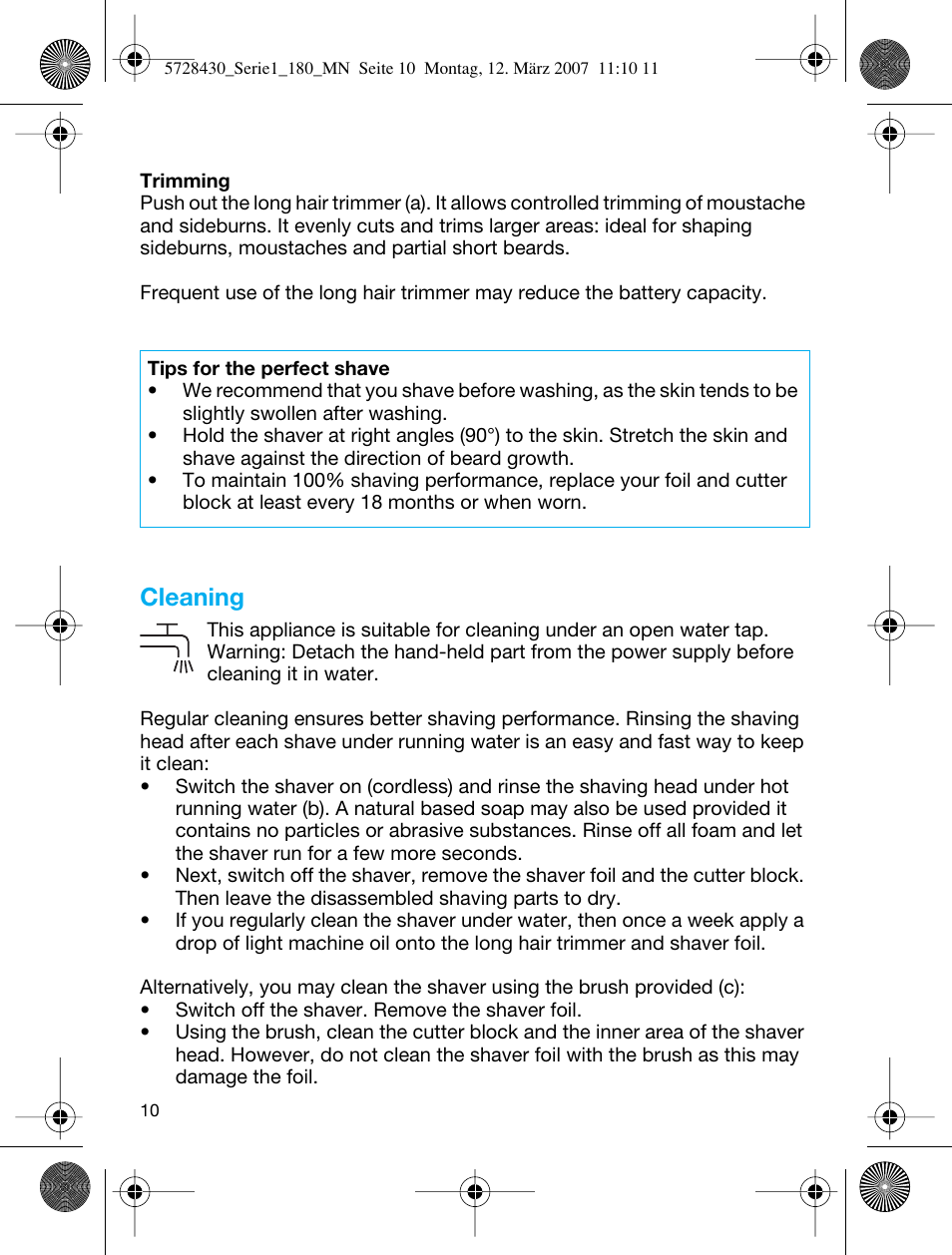 Cleaning | Braun 180 Series 1 User Manual | Page 9 / 51