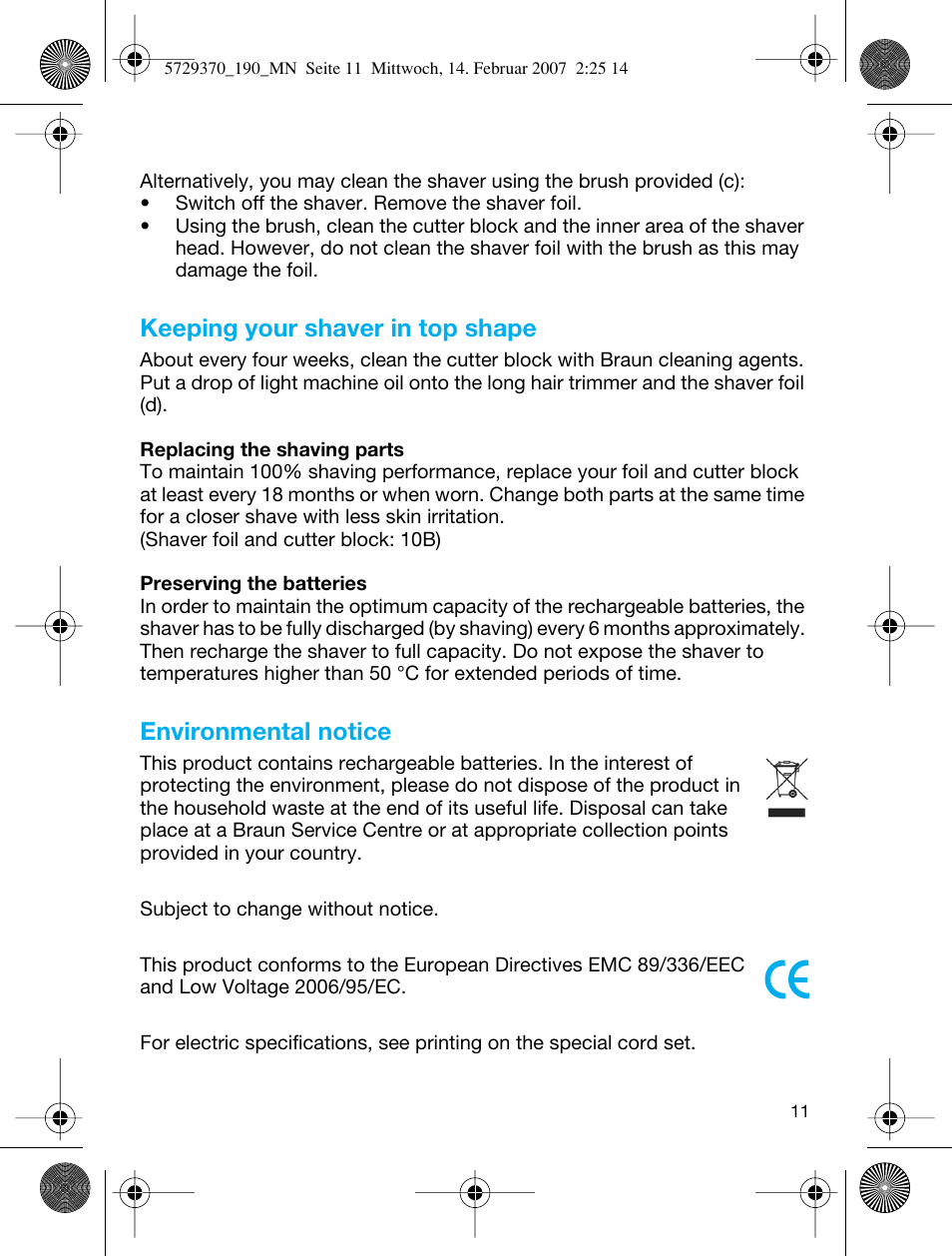 Keeping your shaver in top shape, Environmental notice | Braun 190 Series 1 User Manual | Page 10 / 51