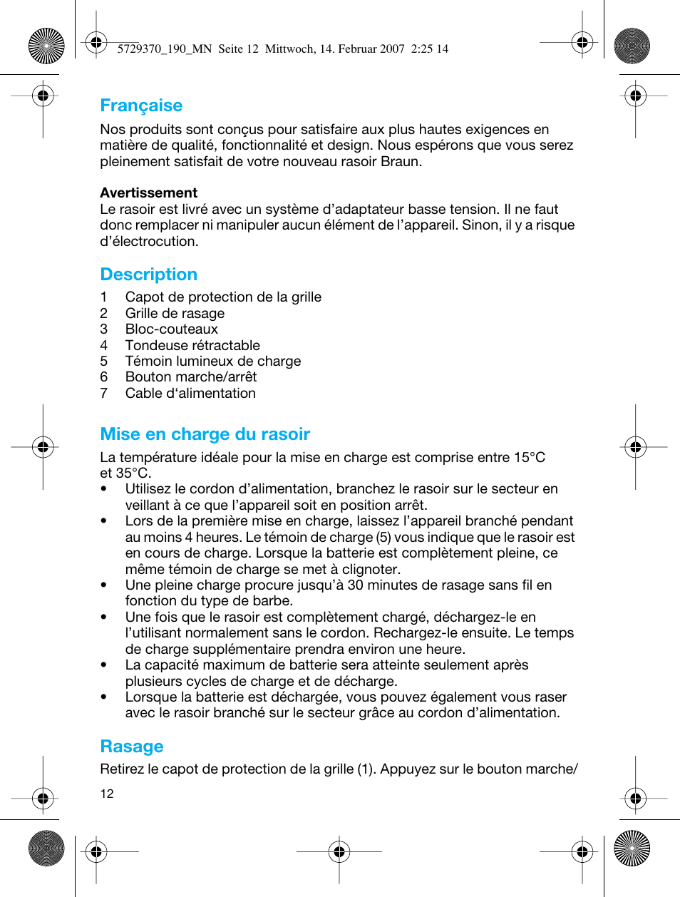 Française, Description, Mise en charge du rasoir | Rasage | Braun 190 Series 1 User Manual | Page 11 / 51