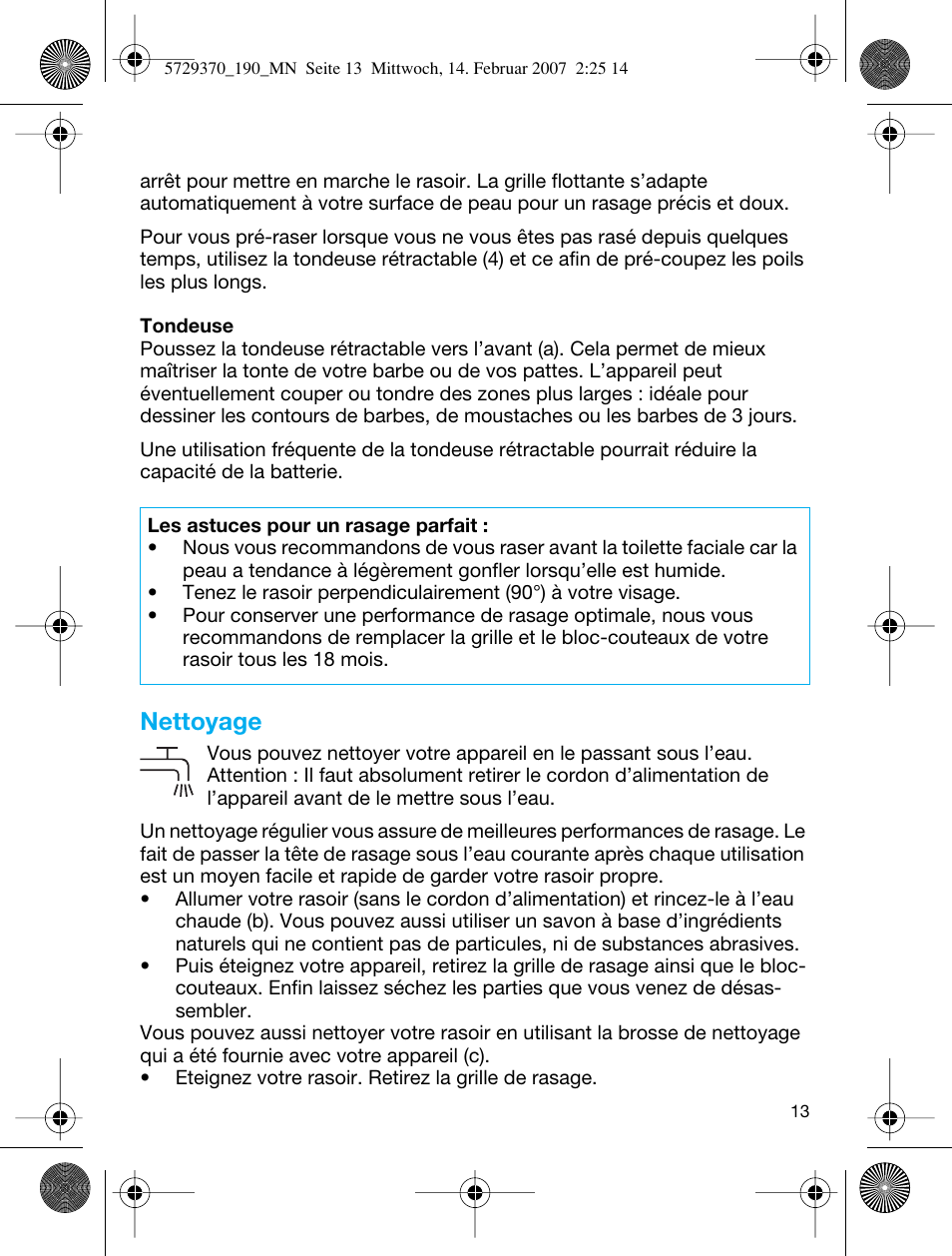 Nettoyage | Braun 190 Series 1 User Manual | Page 12 / 51