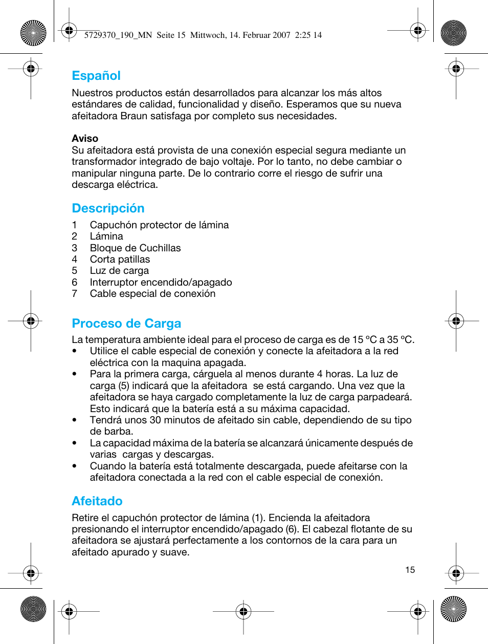 Español, Descripción, Proceso de carga | Afeitado | Braun 190 Series 1 User Manual | Page 14 / 51