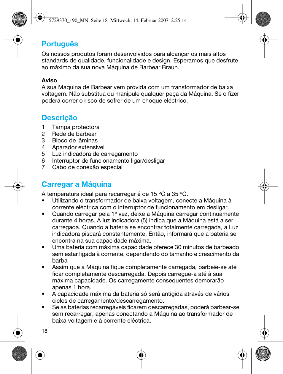 Português, Descrição, Carregar a máquina | Braun 190 Series 1 User Manual | Page 17 / 51