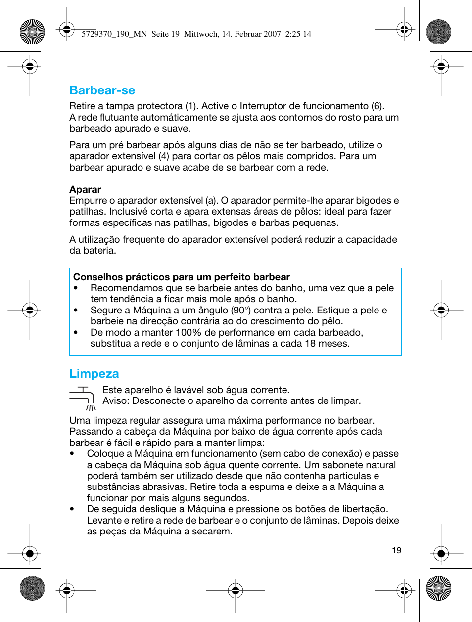 Barbear-se, Limpeza | Braun 190 Series 1 User Manual | Page 18 / 51