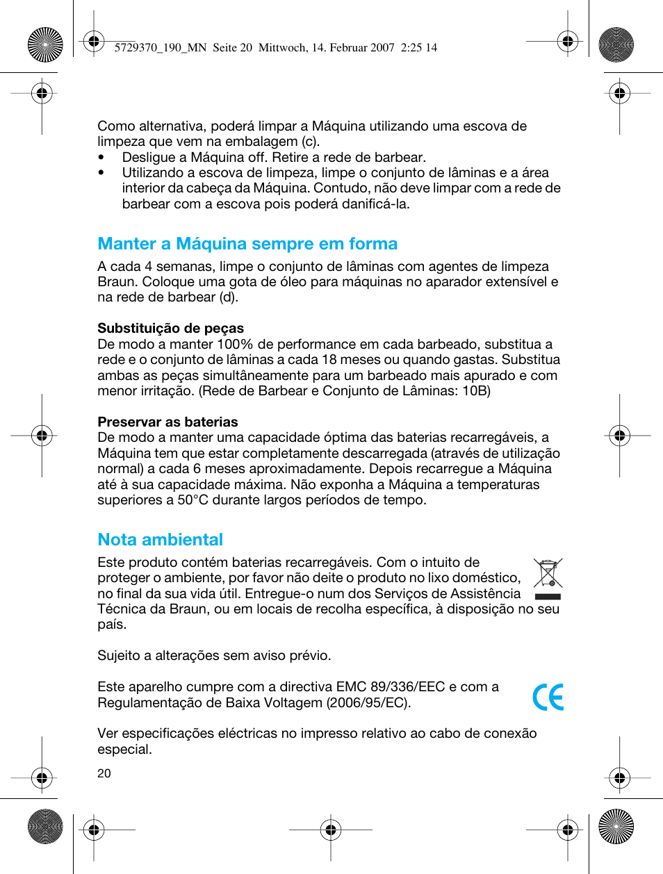 Manter a máquina sempre em forma, Nota ambiental | Braun 190 Series 1 User Manual | Page 19 / 51