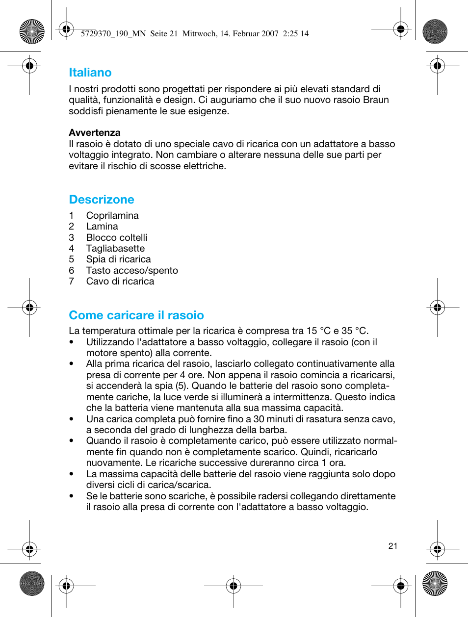 Italiano, Descrizone, Come caricare il rasoio | Braun 190 Series 1 User Manual | Page 20 / 51