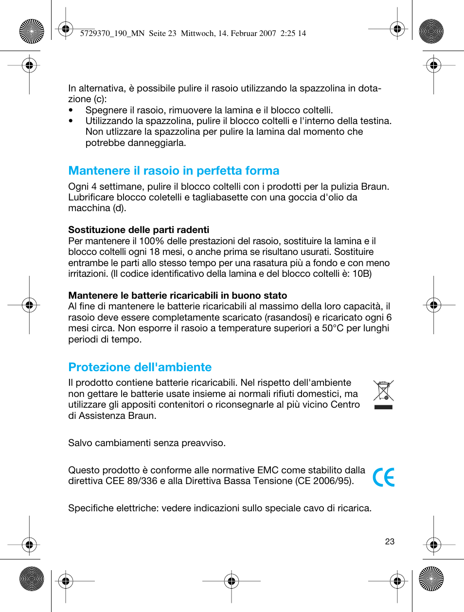 Mantenere il rasoio in perfetta forma, Protezione dell'ambiente | Braun 190 Series 1 User Manual | Page 22 / 51