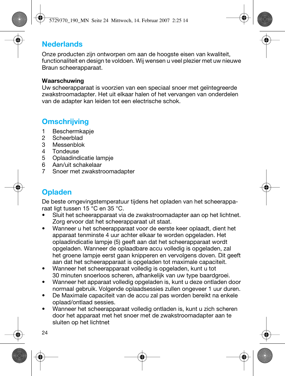 Nederlands, Omschrijving, Opladen | Braun 190 Series 1 User Manual | Page 23 / 51