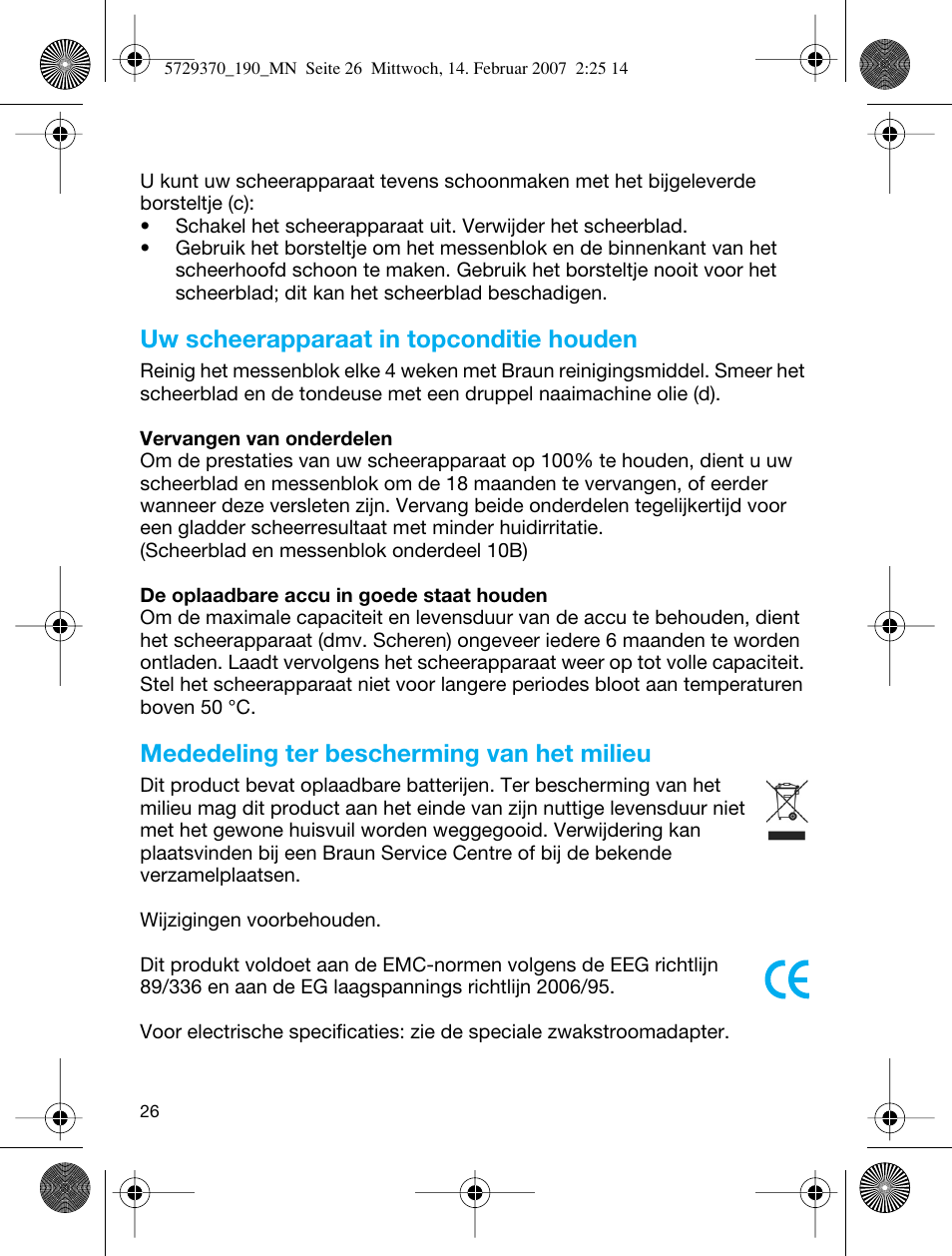 Uw scheerapparaat in topconditie houden, Mededeling ter bescherming van het milieu | Braun 190 Series 1 User Manual | Page 25 / 51