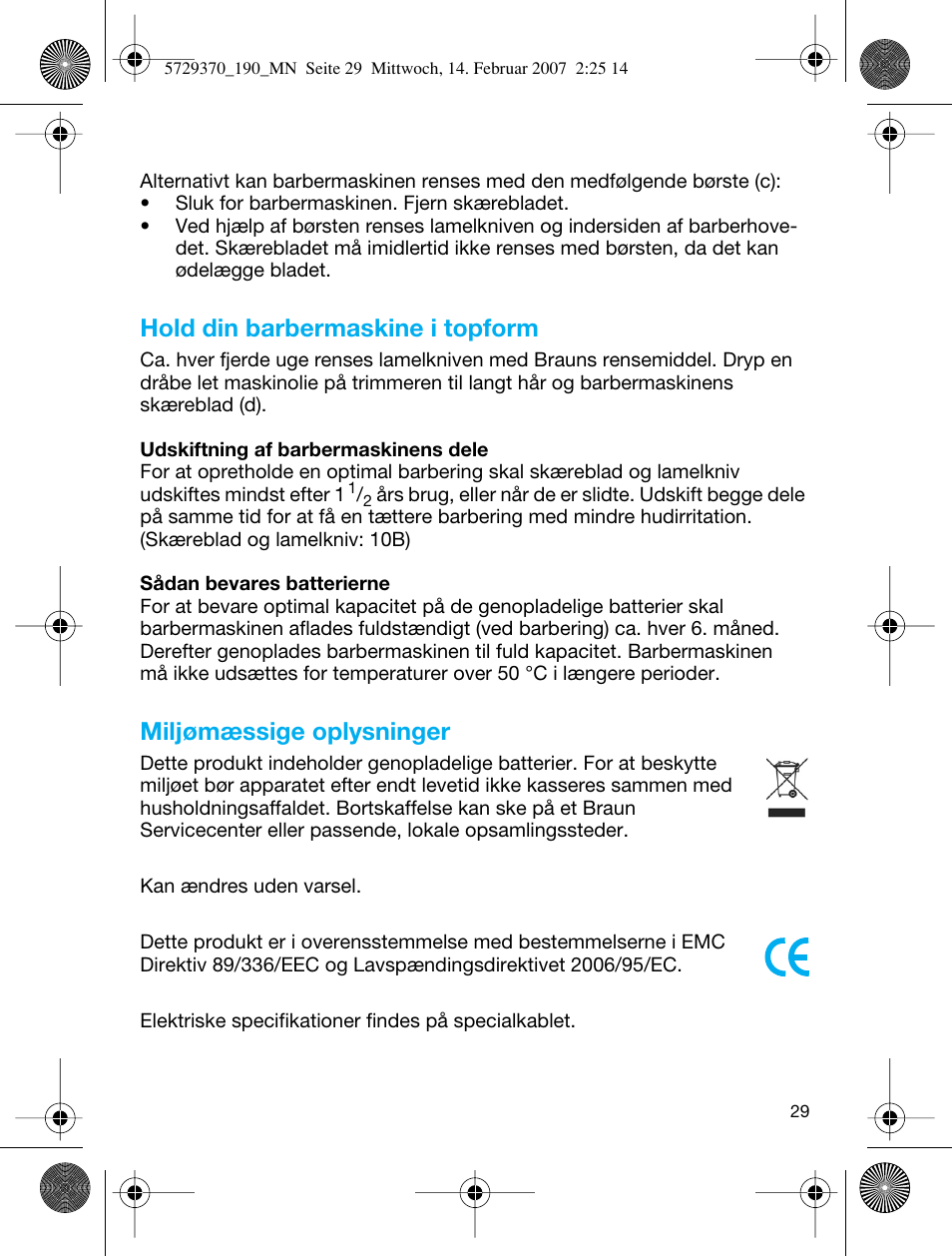 Hold din barbermaskine i topform, Miljømæssige oplysninger | Braun 190 Series 1 User Manual | Page 28 / 51