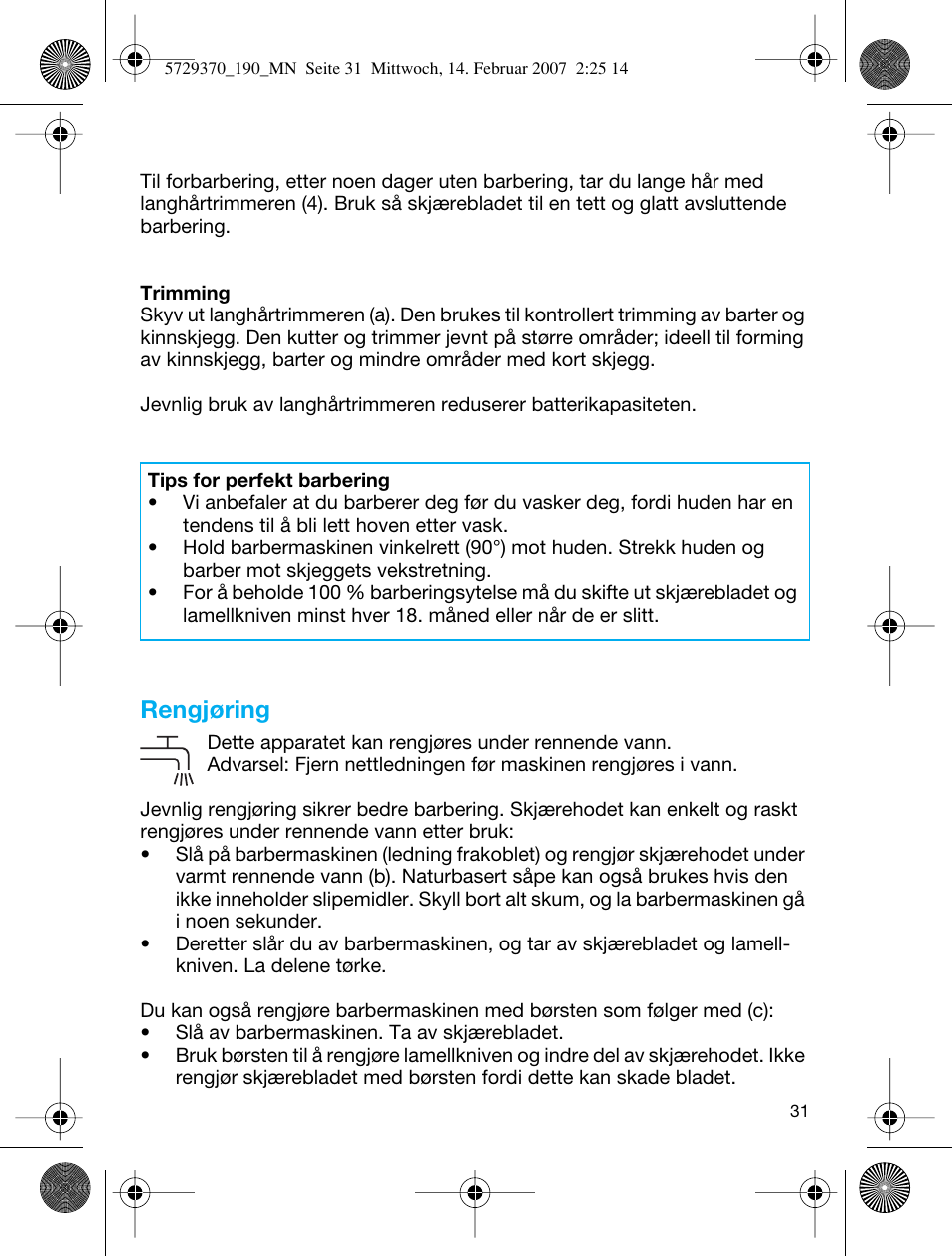 Rengjøring | Braun 190 Series 1 User Manual | Page 30 / 51