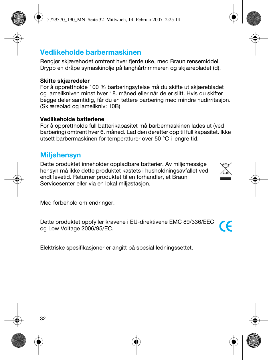 Vedlikeholde barbermaskinen, Miljøhensyn | Braun 190 Series 1 User Manual | Page 31 / 51