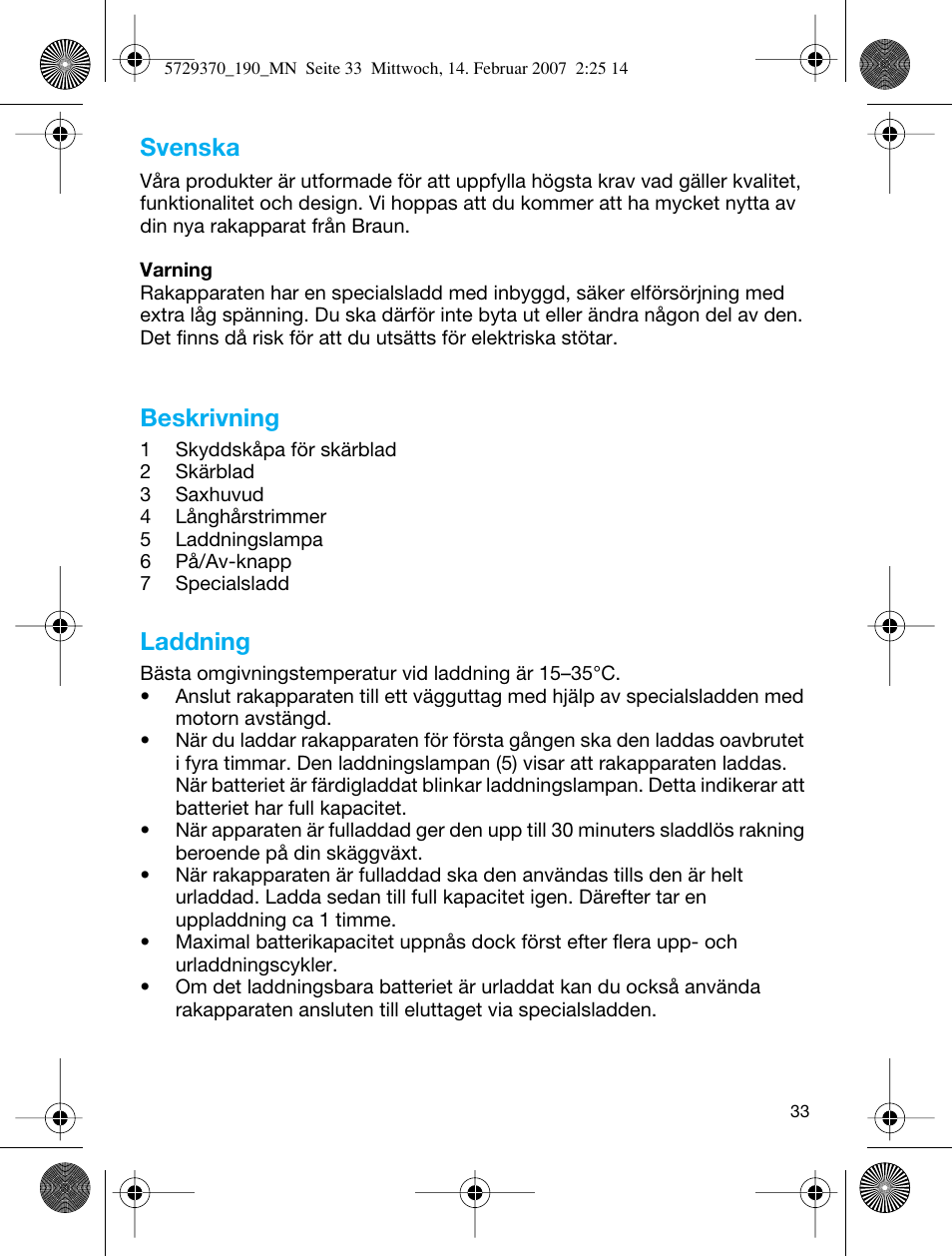 Svenska, Beskrivning, Laddning | Braun 190 Series 1 User Manual | Page 32 / 51