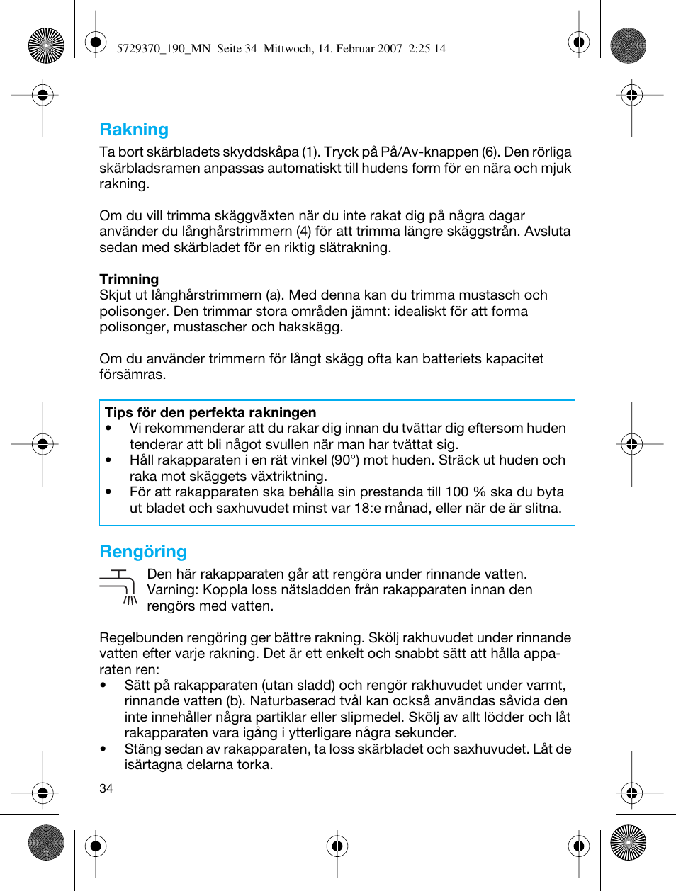 Rakning, Rengöring | Braun 190 Series 1 User Manual | Page 33 / 51