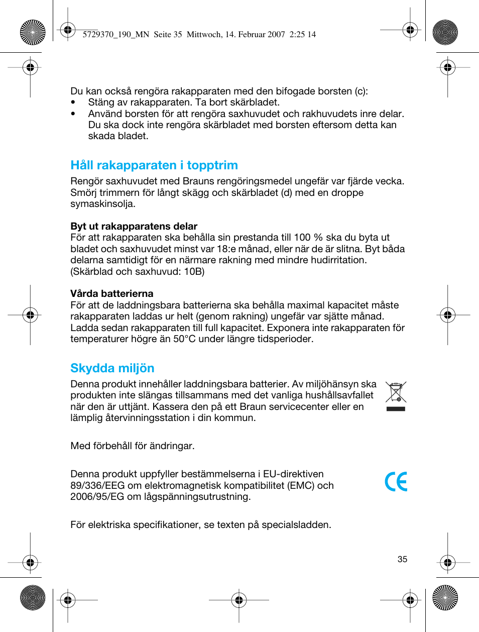 Håll rakapparaten i topptrim, Skydda miljön | Braun 190 Series 1 User Manual | Page 34 / 51