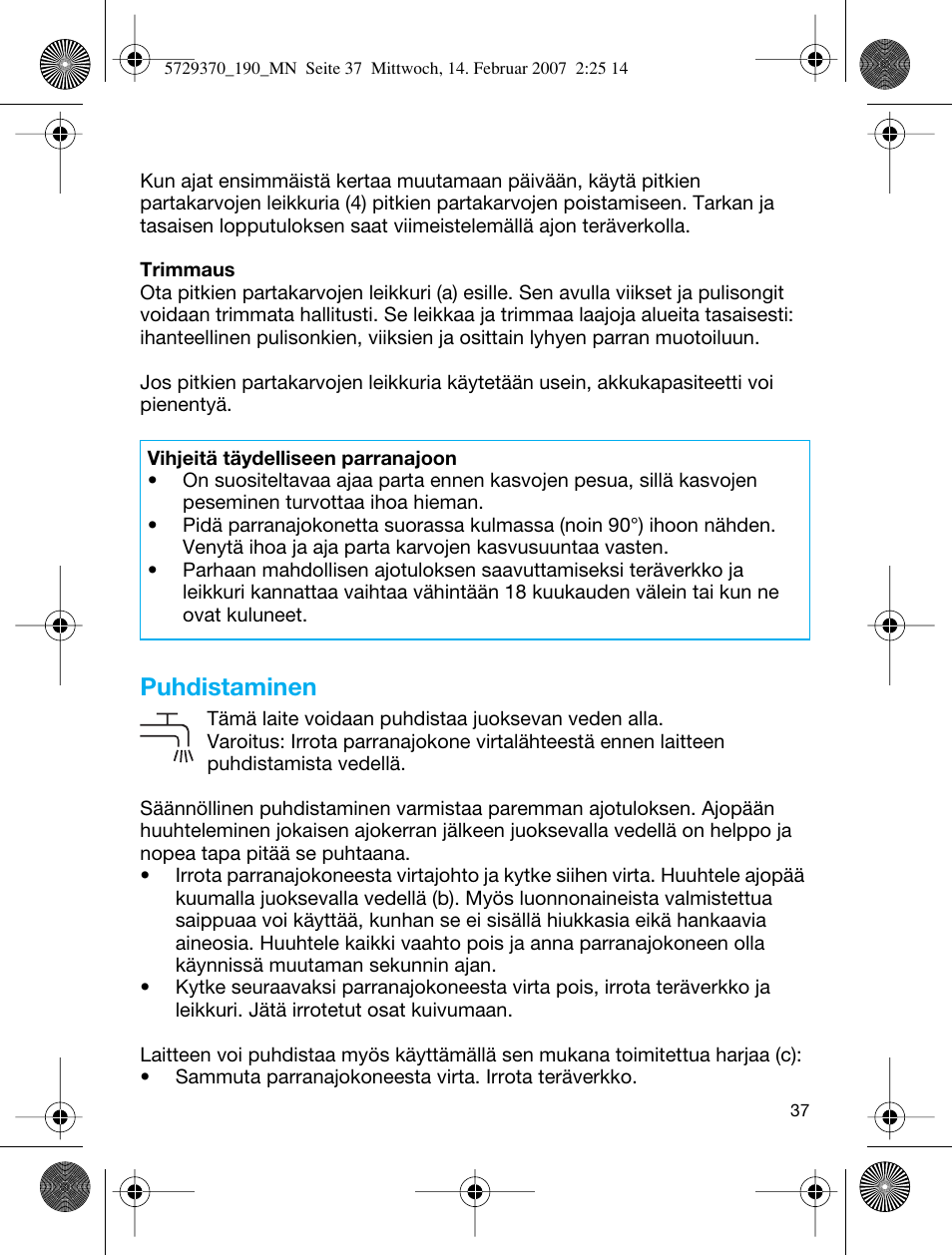 Puhdistaminen | Braun 190 Series 1 User Manual | Page 36 / 51