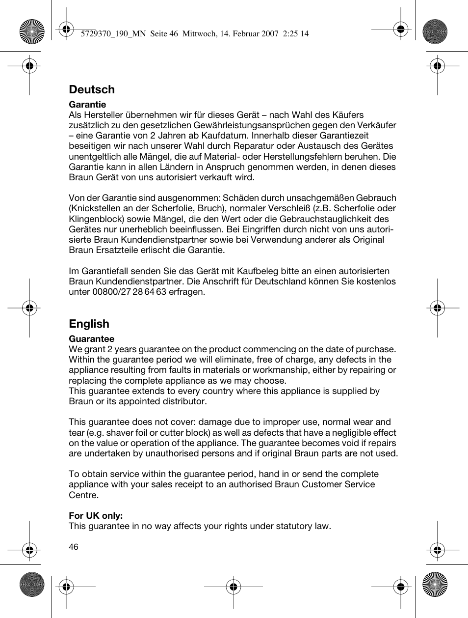 Deutsch, English | Braun 190 Series 1 User Manual | Page 45 / 51