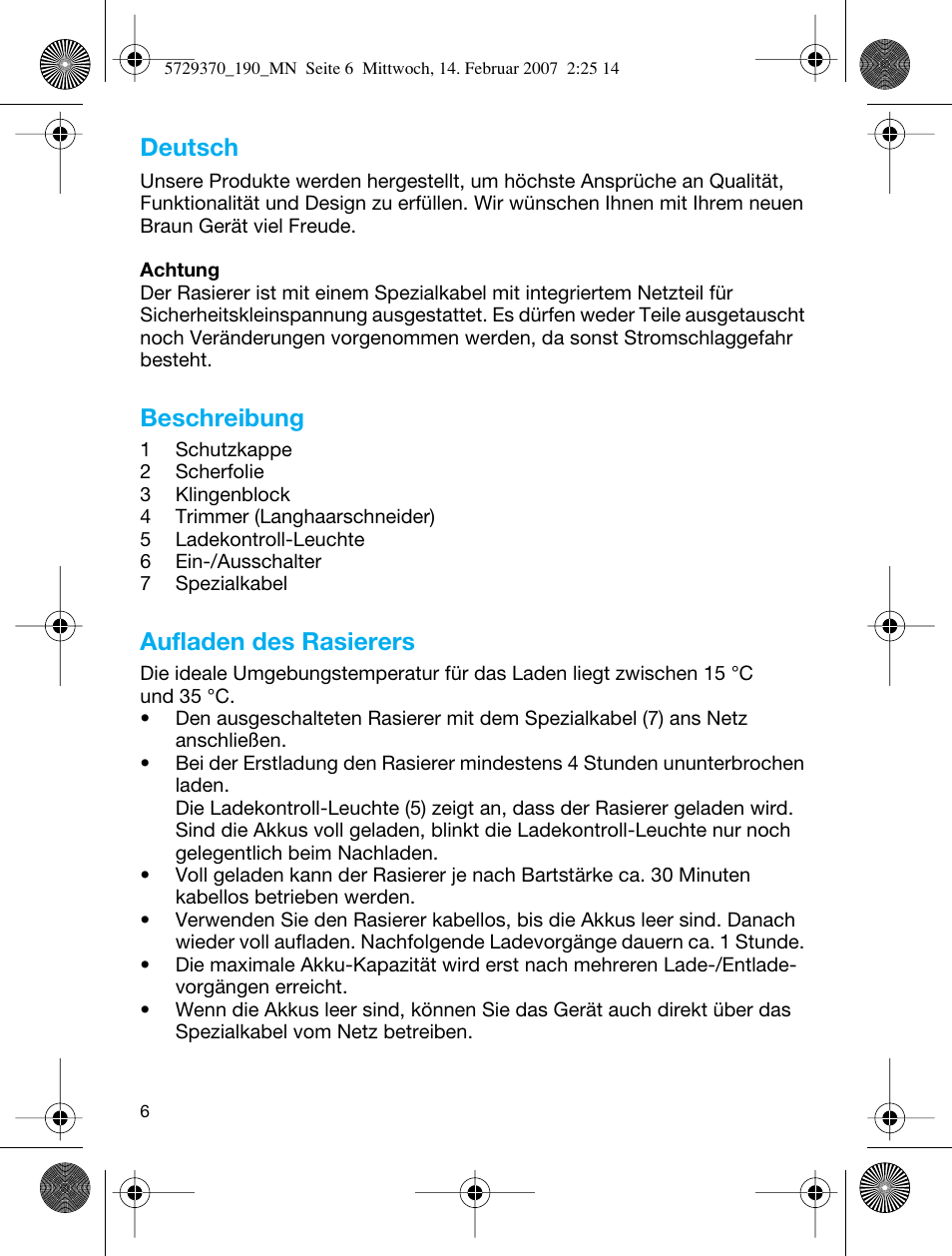 Beschreibung, Aufladen des rasierers, Deutsch | Braun 190 Series 1 User Manual | Page 5 / 51