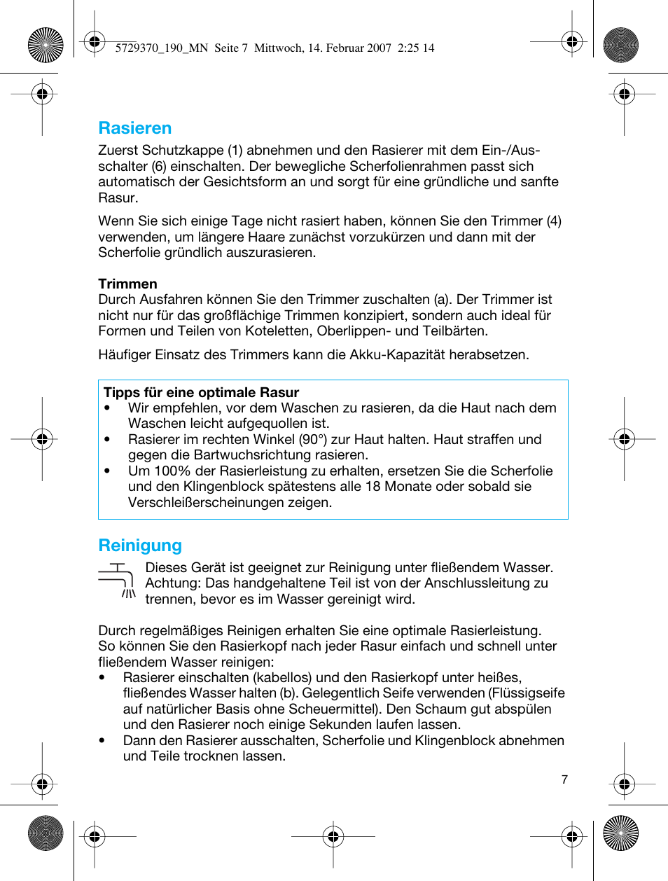 Rasieren, Reinigung | Braun 190 Series 1 User Manual | Page 6 / 51