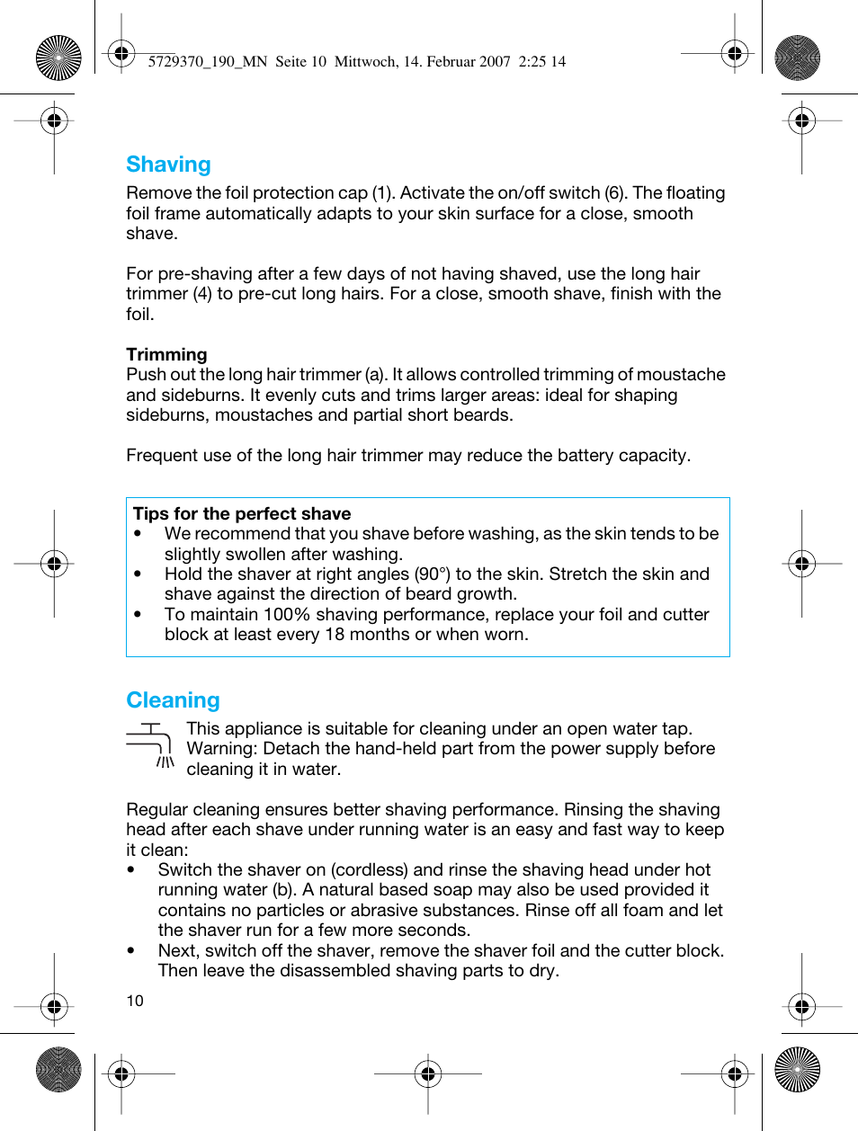 Shaving, Cleaning | Braun 190 Series 1 User Manual | Page 9 / 51