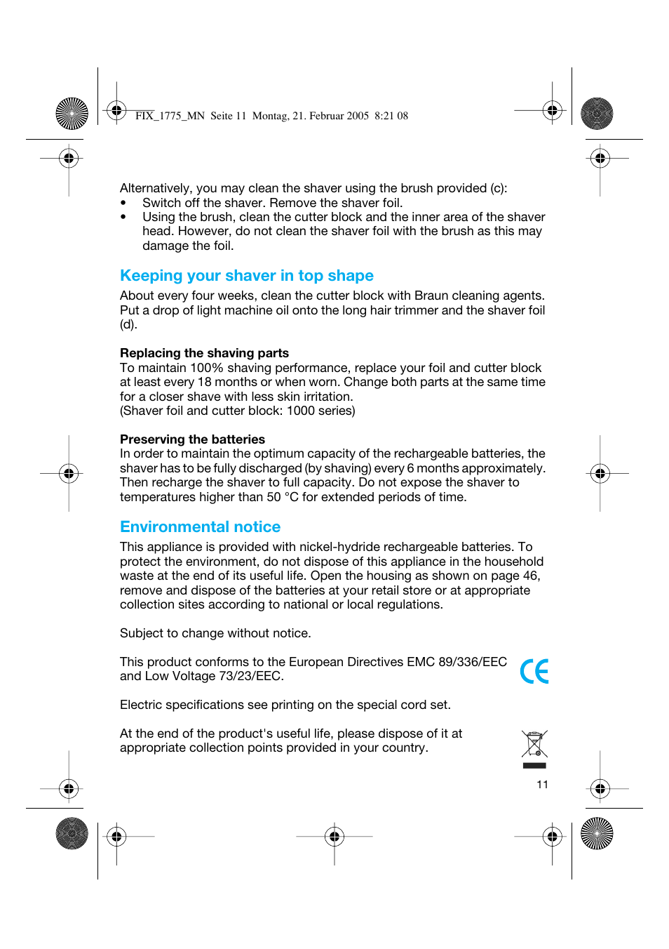 Keeping your shaver in top shape, Environmental notice | Braun 1775 FreeControl User Manual | Page 10 / 57