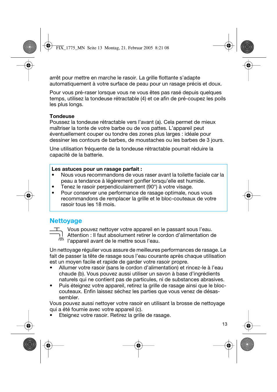 Nettoyage | Braun 1775 FreeControl User Manual | Page 12 / 57