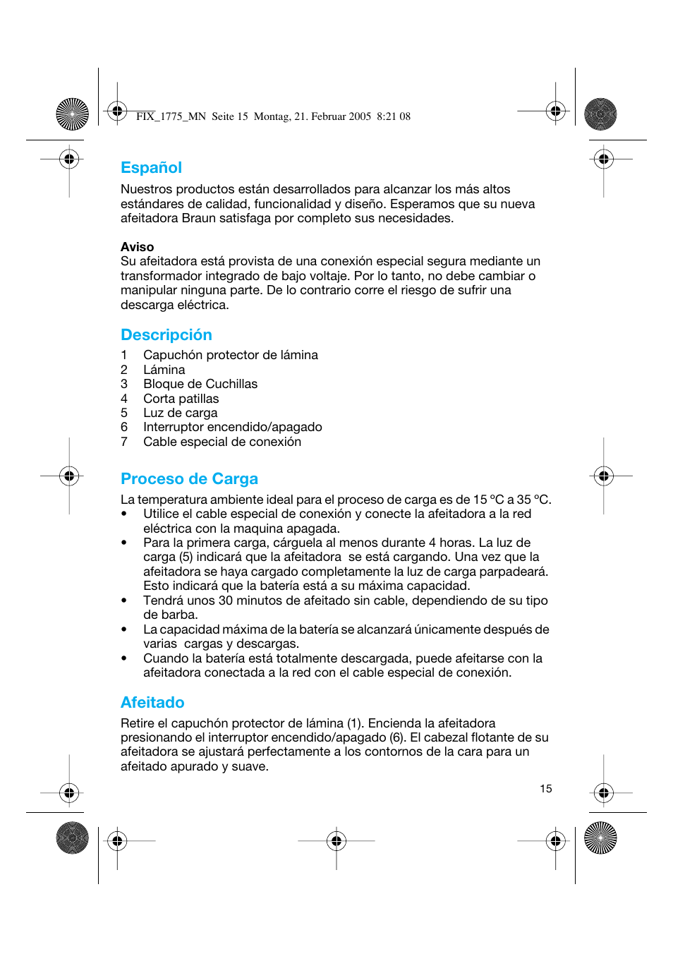 Español, Descripción, Proceso de carga | Afeitado | Braun 1775 FreeControl User Manual | Page 14 / 57