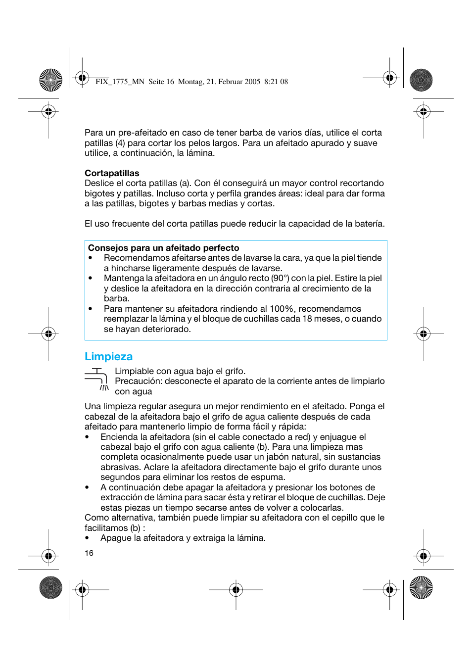Limpieza | Braun 1775 FreeControl User Manual | Page 15 / 57