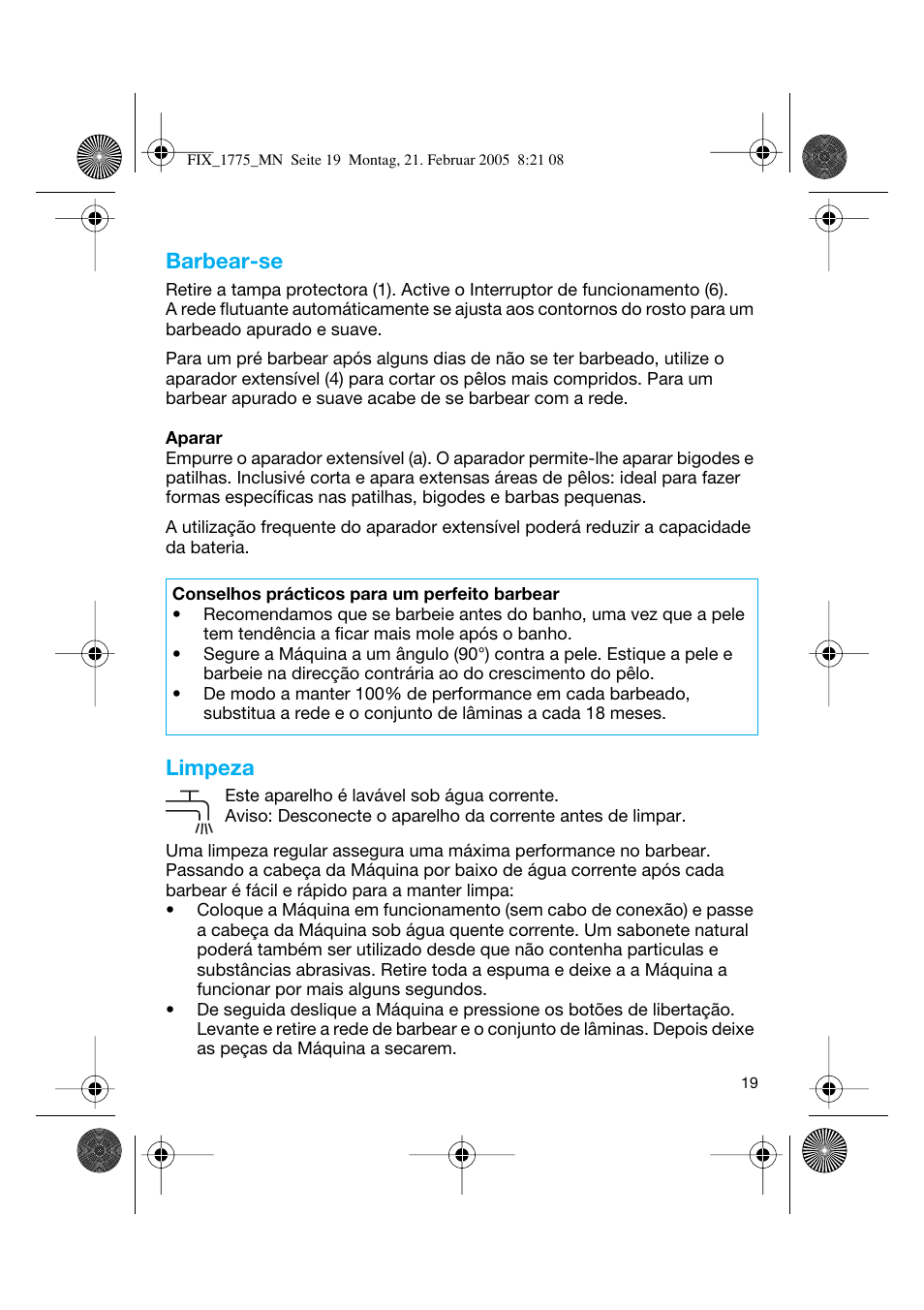 Barbear-se, Limpeza | Braun 1775 FreeControl User Manual | Page 18 / 57