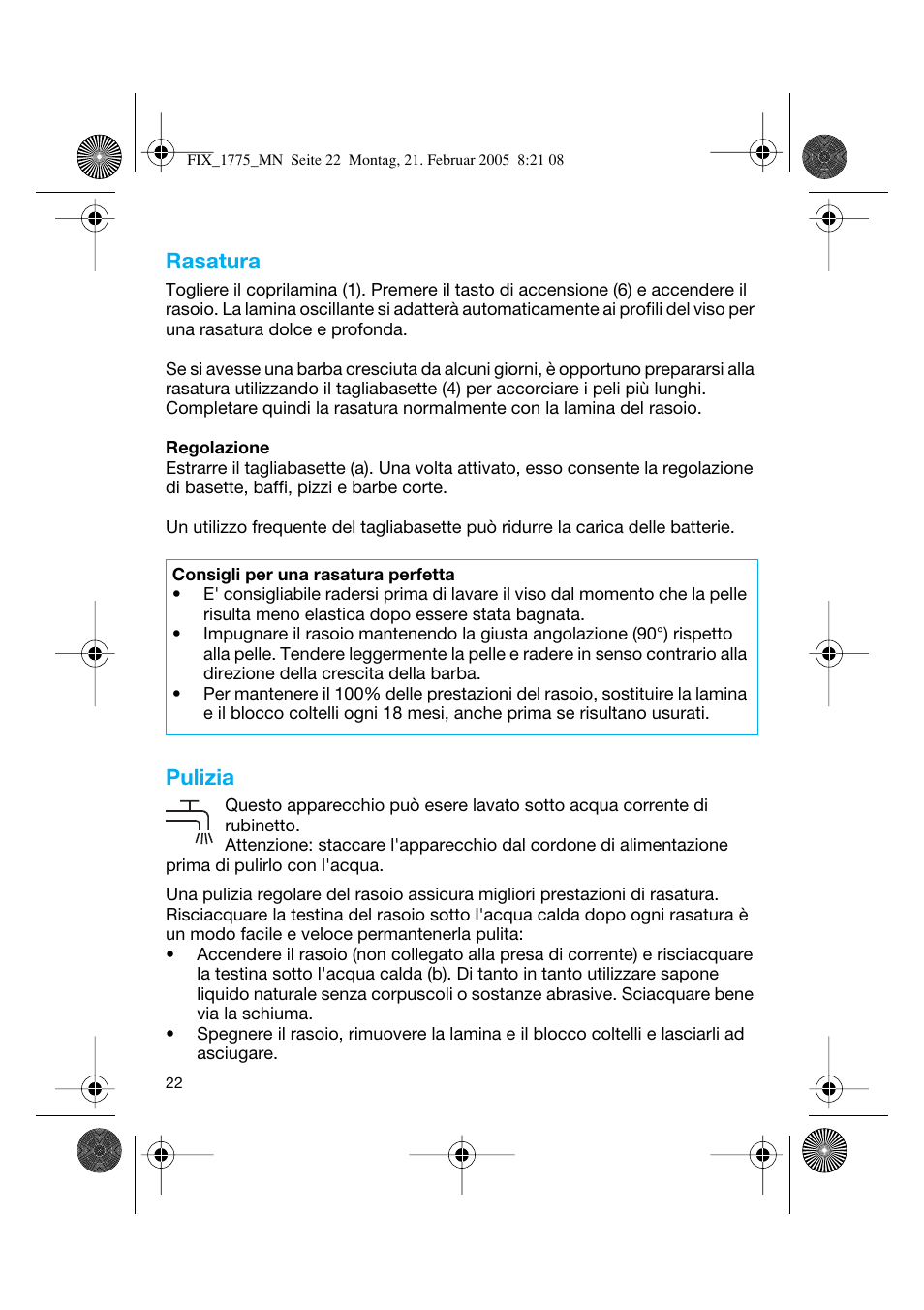 Rasatura, Pulizia | Braun 1775 FreeControl User Manual | Page 21 / 57