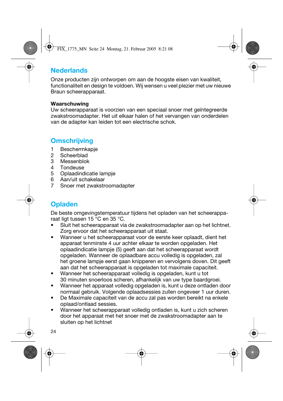 Nederlands, Omschrijving, Opladen | Braun 1775 FreeControl User Manual | Page 23 / 57