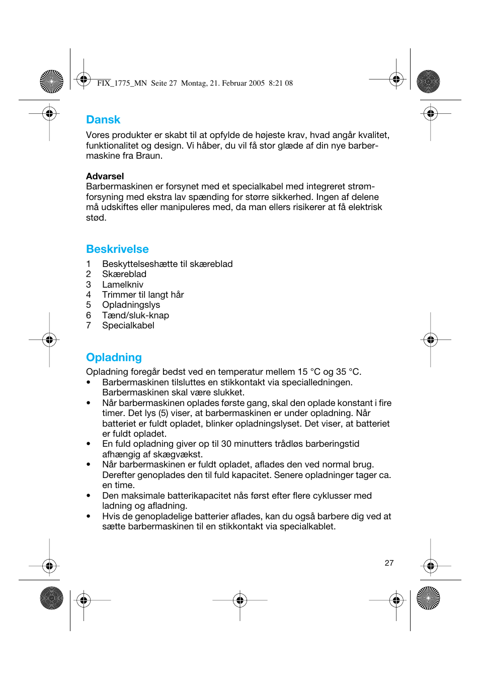 Dansk, Beskrivelse, Opladning | Braun 1775 FreeControl User Manual | Page 26 / 57